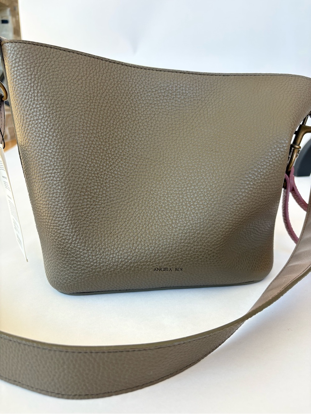 Angela Roi Taupe Pebbled Leather Crossbody with Pink Accent